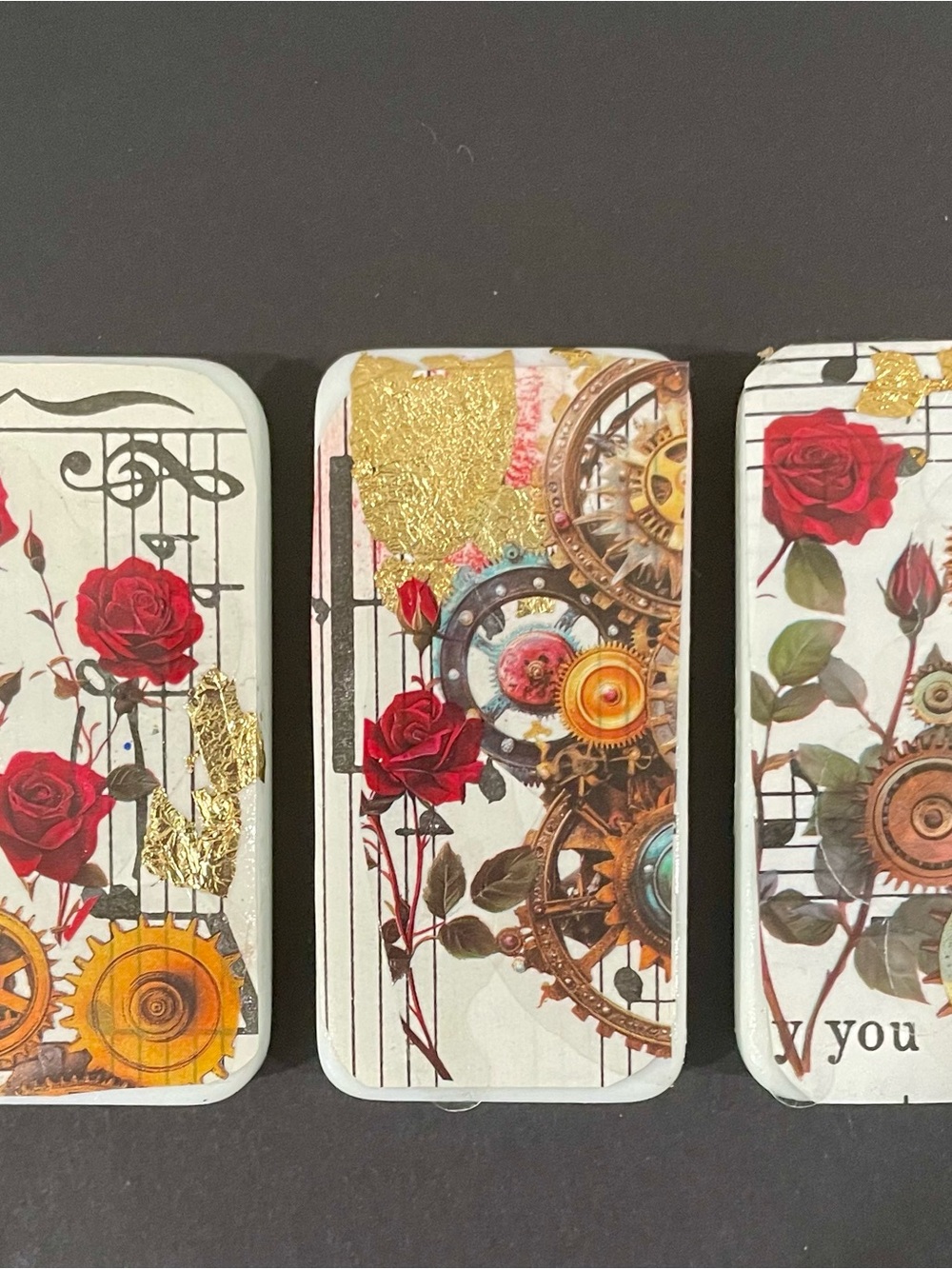 3 steampunk & Rose Domino Magnets